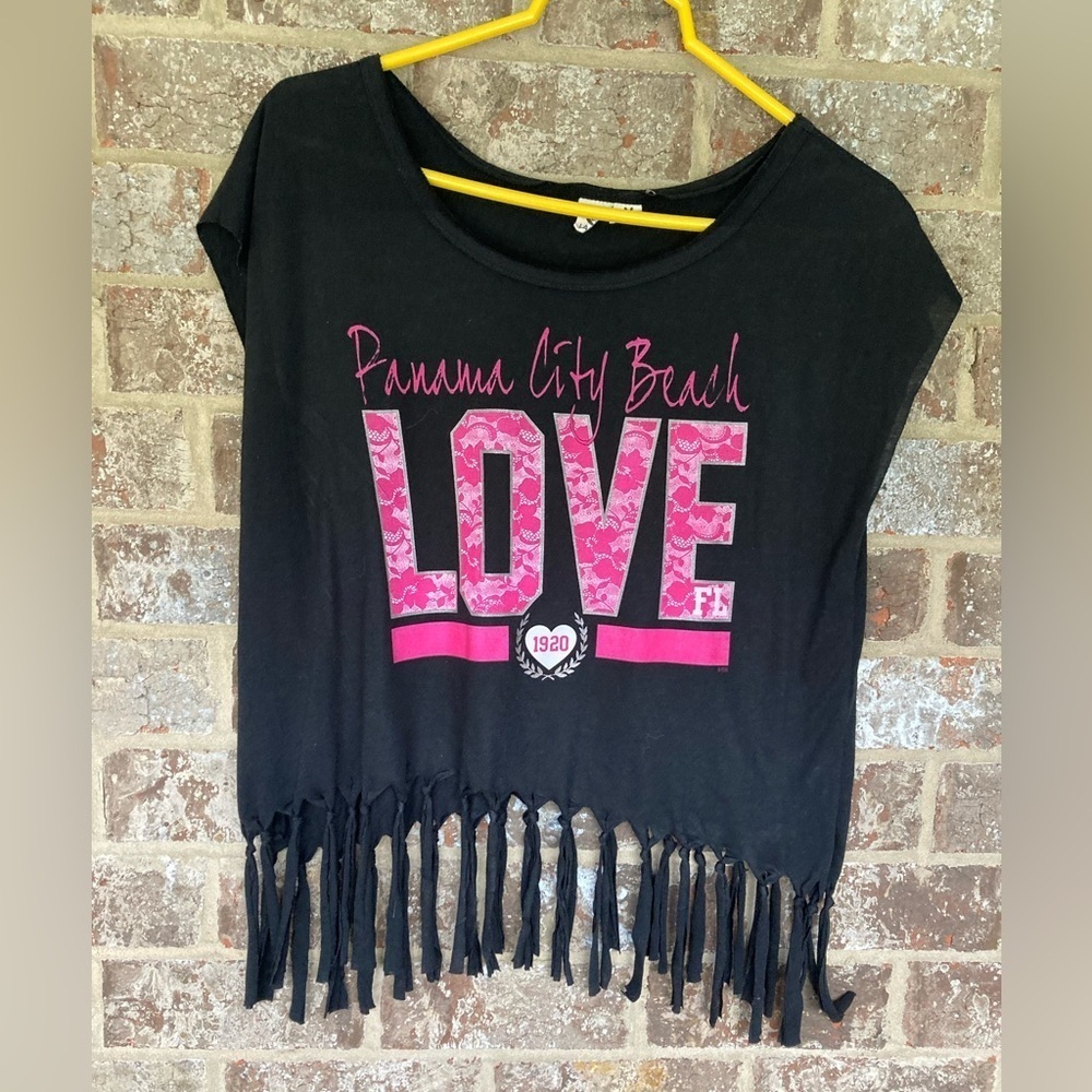 Panama City Beach Florida Black & Pink crop top fringed Size Medium